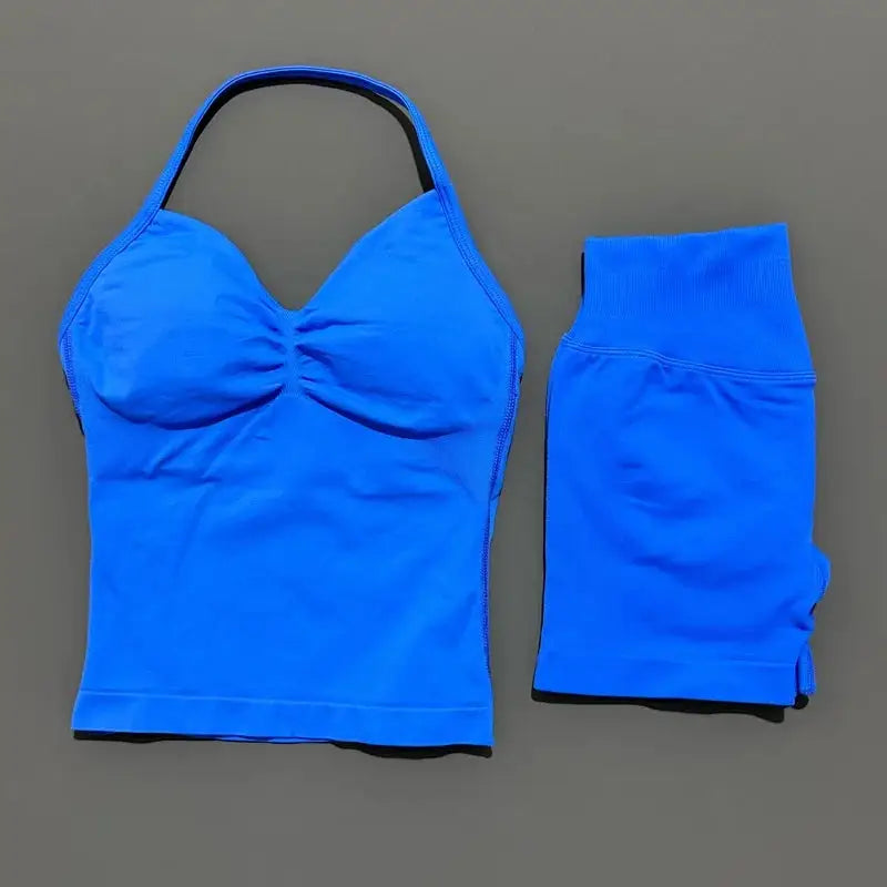 Women Sports Shorts Set Seamless Gym Longline Strappy Top and Tummy Control Short Leggings Suit Yoga Workout Activewear Set