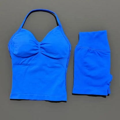 Women Sports Shorts Set Seamless Gym Longline Strappy Top and Tummy Control Short Leggings Suit Yoga Workout Activewear Set