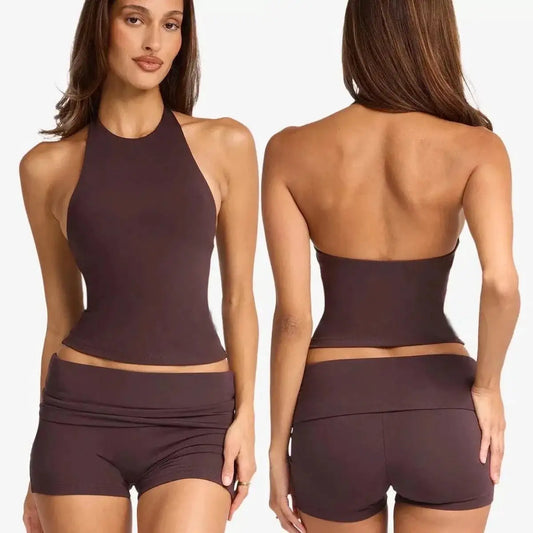 C-B Women Halter Open Back Yoga Tank Top Fold Over Waist Biker Shorts Workout Set for Gym Pilates Training