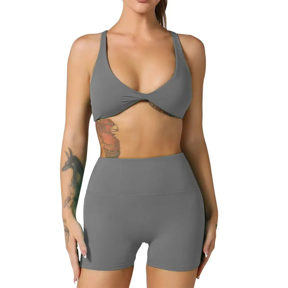 Women's 2 Piece Yoga Gym Sports Set Cross Back Bra Top & High Waist Shorts Fitness Running Workout Tracksuit