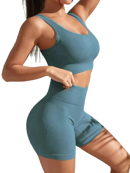 Women Seamless Ribbed Yoga Set Two Piece For Fitness