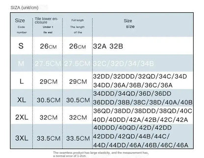 Bra size chart with measurements and cup sizes for S to 3XL at OurLum.com