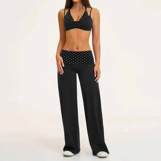 2PCS Stripes Fitness Suit Women's Tracksuits Polka Dot High Waist Workout Capri Pants Sports Set Female Yoga Sports Clothes