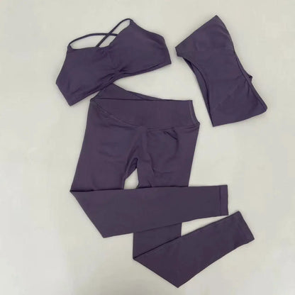 Yoga Vision Shrug 3 Pieces Top Leggings Gym Set Women's Seamless High Elastic Longline Vest Buttock lift Exercise Shorts Set