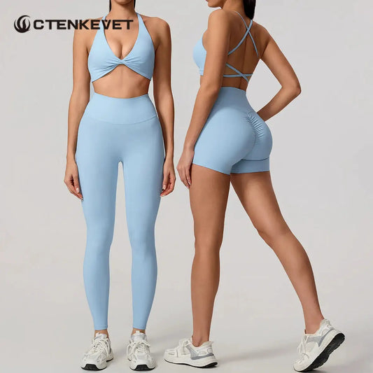 New Summer 2Pcs Women's Quick-Dry Sports Set V-Shaped Bra Female Sleeveless Yoga Outfit Gym Two-Piece Woman Sport Clothes