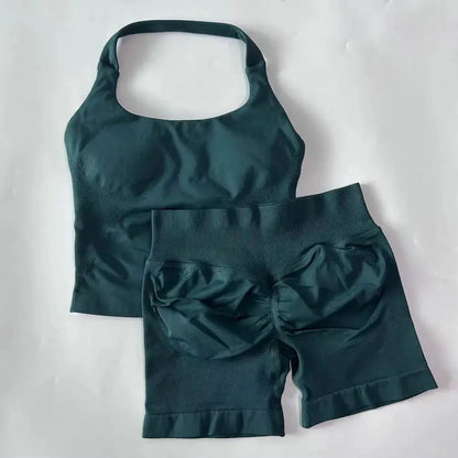 No Logo 2 Pieces Gym Set Women Backless Halter Tops High Waist Seamless Shorts Gym Suit Fitness Clothes Sportswear Workout Sets
