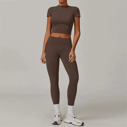 2 Pieces Women Yoga Set Workout Sportswear Gym Clothing Fitness Short Sleeve Crop Top High Waist Leggings Sport Suits