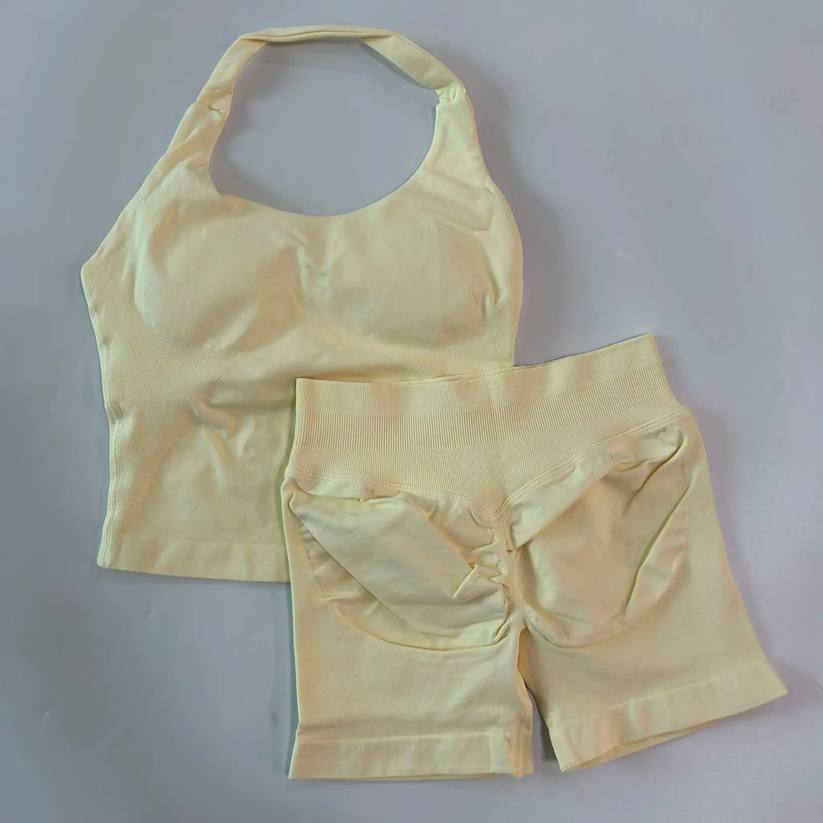 No Logo 2 Pieces Gym Set Women Backless Halter Tops High Waist Seamless Shorts Gym Suit Fitness Clothes Sportswear Workout Sets
