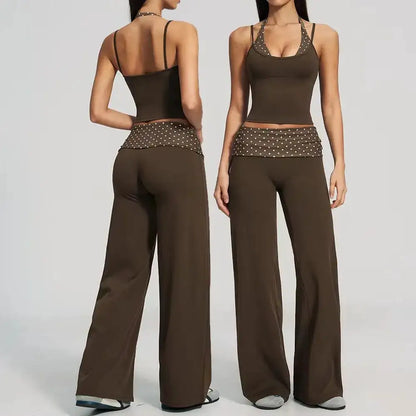 Women's 2 Piece Yoga Set Halter Neck Crop Top Fold Over Waist Wide Legged Flare Trousers Polka Dot Striped Gym Workout Running