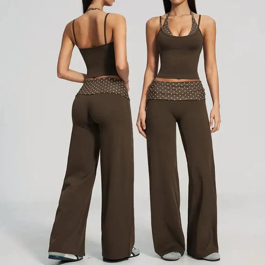 Women's 2 Piece Yoga Set Halter Neck Crop Top Fold Over Waist Wide Legged Flare Trousers Polka Dot Striped Gym Workout Running