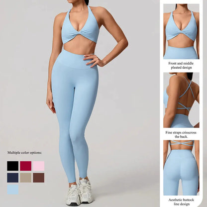 Hearuisavy Summer Yoga Set 2Pcs Women Gym Sportswear Breathable Cross Sports Bra Workout Top High Waist Push Up Fitness Leggings