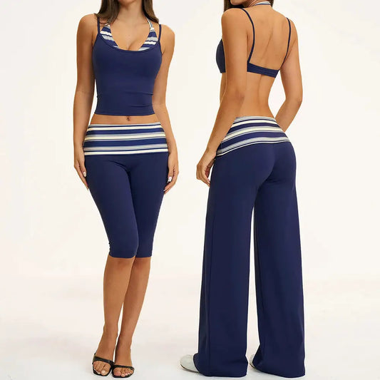 2PCS Stripes Fitness Suit Women's Tracksuits Polka Dot High Waist Workout Capri Pants Sports Set Female Yoga Sports Clothes