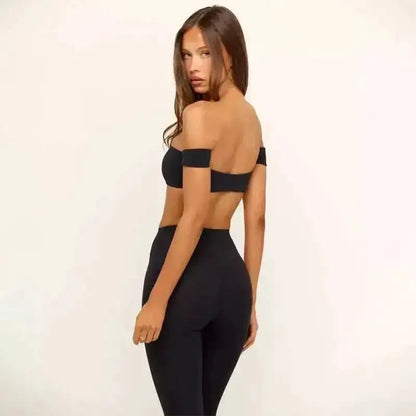 PMWRUN Women's Off - the - Shoulder Yoga Crop Top with High Waist Leggings Set, Stretchy and Breathable for Gym & Workout