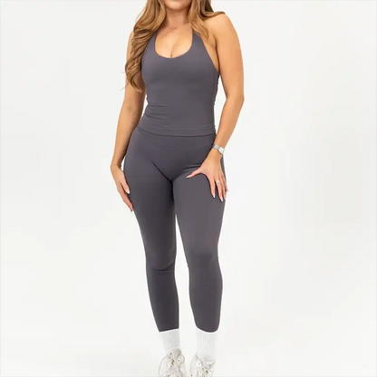 2026 Yoga outfit DFNNYE two Pieces Gym Set seamless Women DF impact backless Halter Top Leggings Fitness Clothes Workout sets