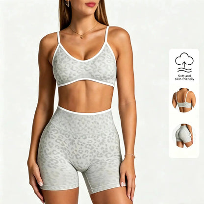 Women Leopard Print 2 Piece Yoga Set High Waist Butt Lift Biker Shorts Adjustable Strap Sports Bra Gym Workout Activewear