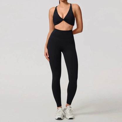 Hearuisavy Summer Yoga Set 2Pcs Women Gym Sportswear Breathable Cross Sports Bra Workout Top High Waist Push Up Fitness Leggings