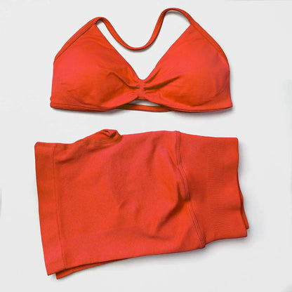 WANAYOU Seamless 2 Pcs Women Yoga Sets Halter Bras Sports Crop Tops Low Waist Scrunch Butt Gym Shorts Tight Quick Dry Leggings